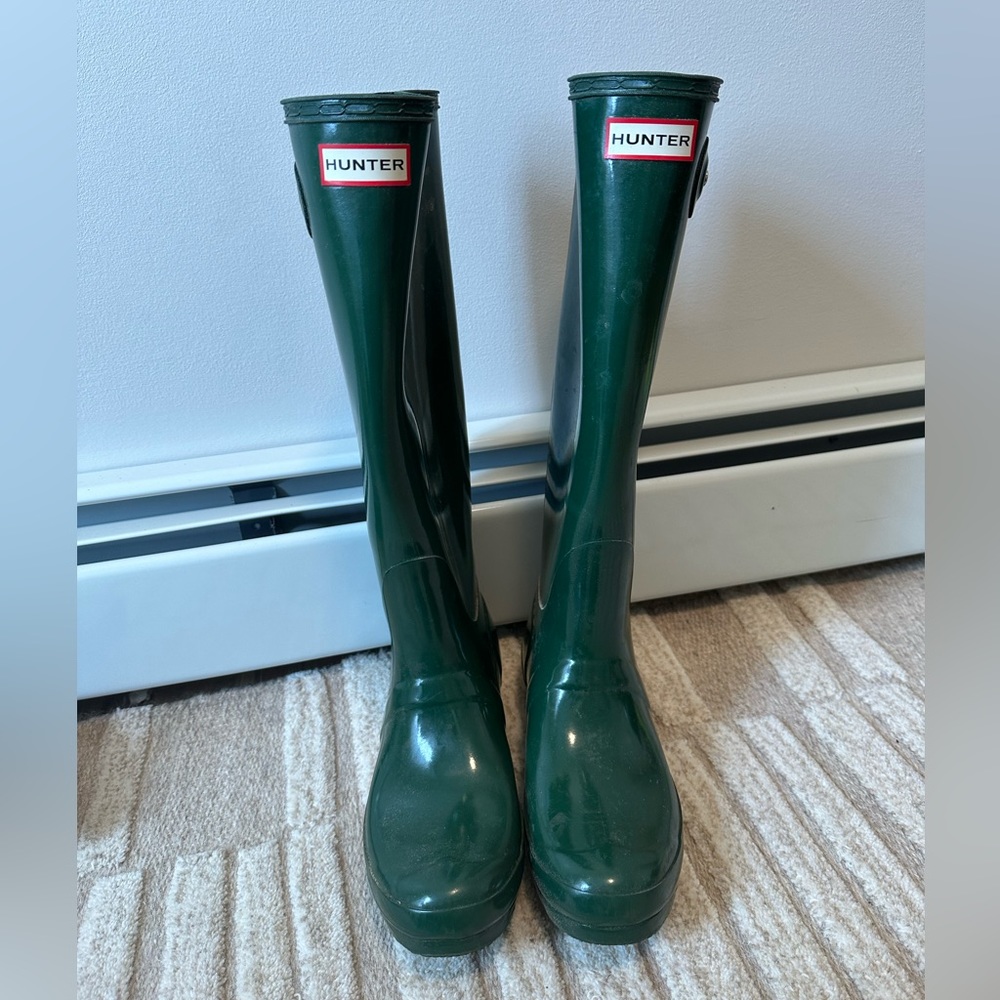 Green glossy hunter boots